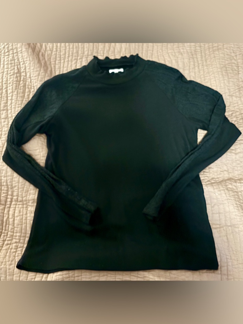 Black Ribbed Long Sleeve Mock Neck Top With Frilled Collar